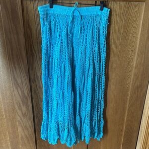 Bright Turquoise Crochet Maxi Skirt with Drawstring Waist